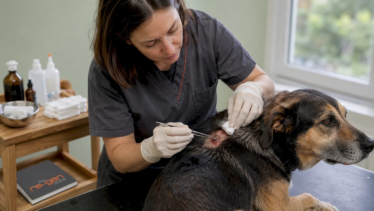 Vet carefully cleaning dog's wound with tweezers