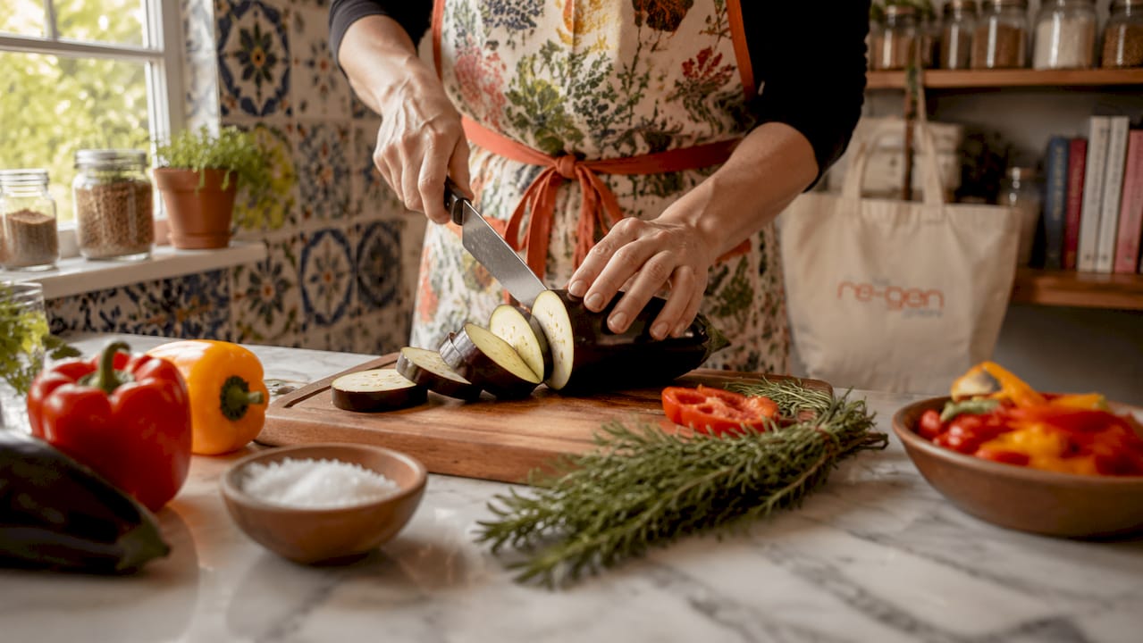 Hands chopping Mediterranean anti-inflammatory foods
