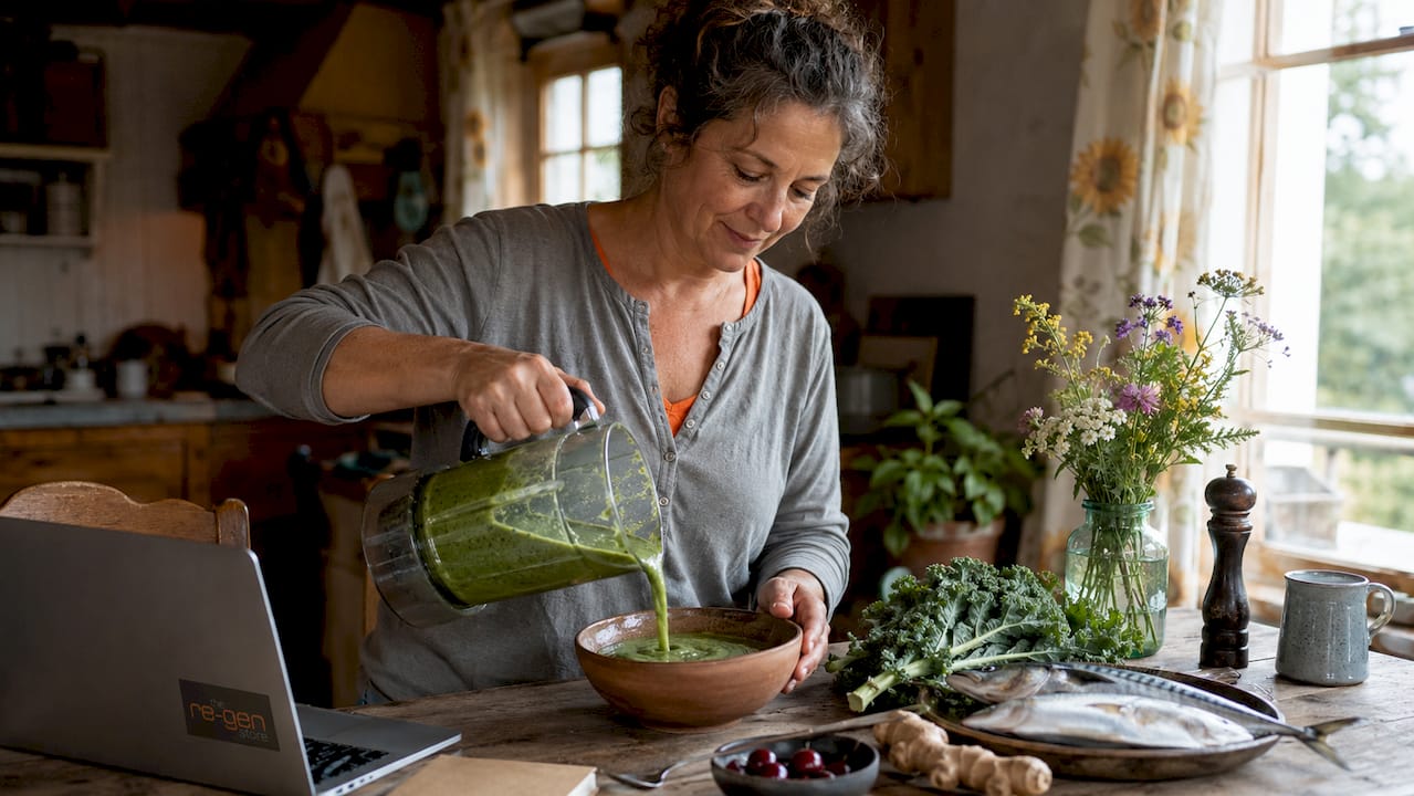 Woman preparing anti-inflammatory meal at home kitchen