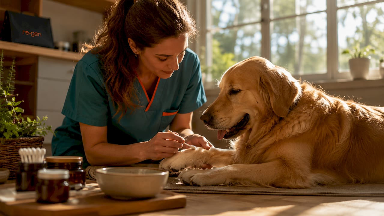 Vet applying natural ointment to dog paw