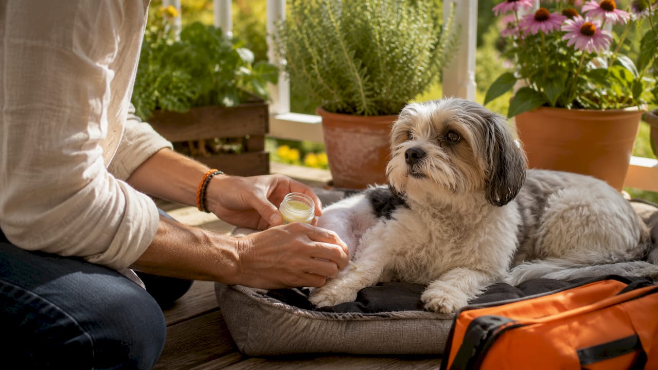 Close-up of hands applying pet ointment