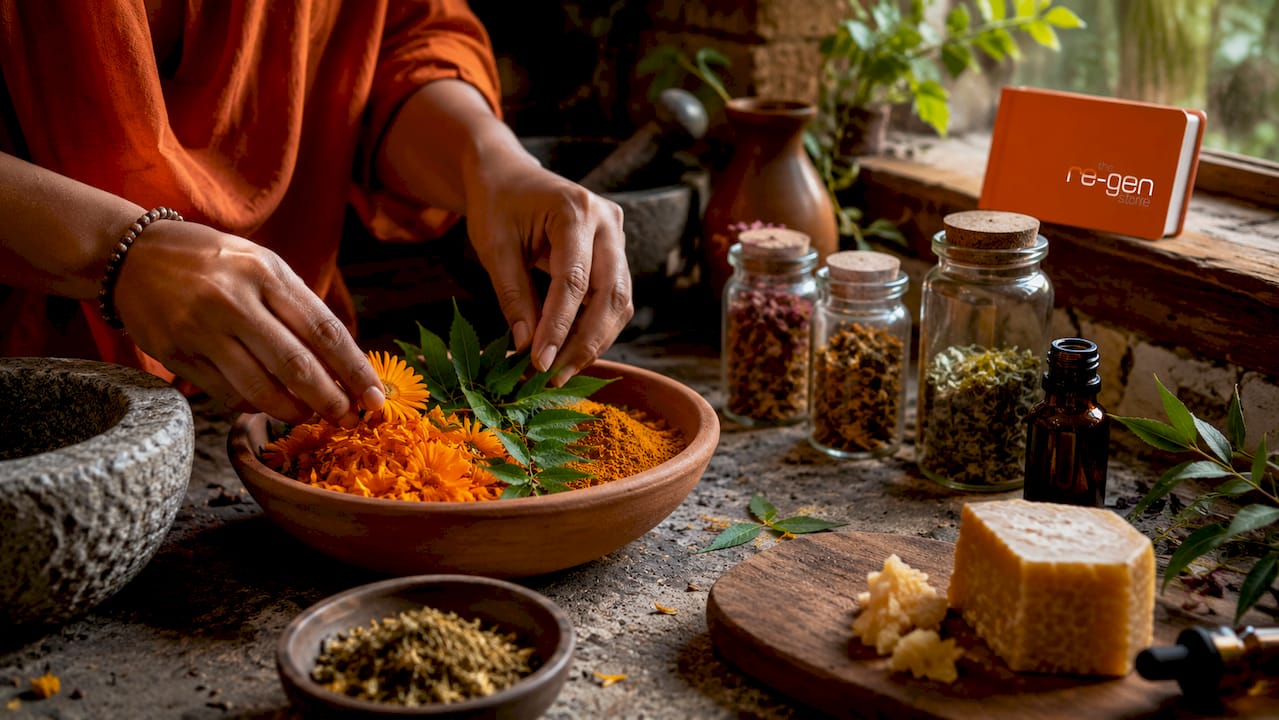Close-up of herbs and oils for ointment making
