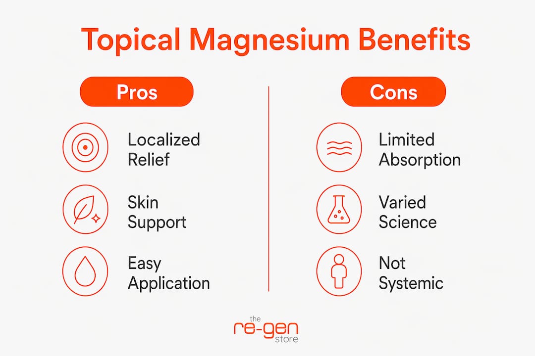 Infographic comparing pros and cons of topical magnesium