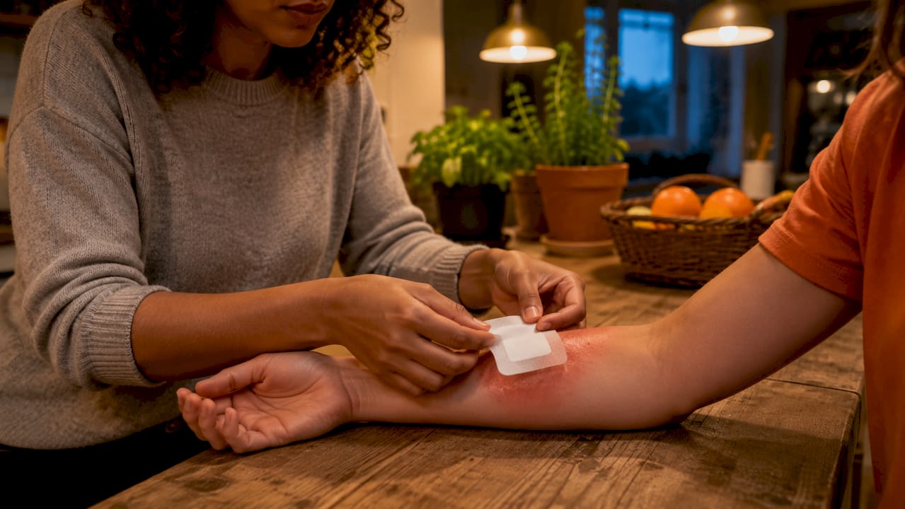 Hands applying non-stick gauze to minor burn
