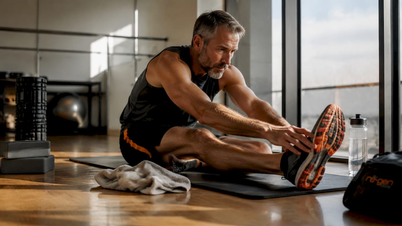 Man doing leg stretches in rehab room