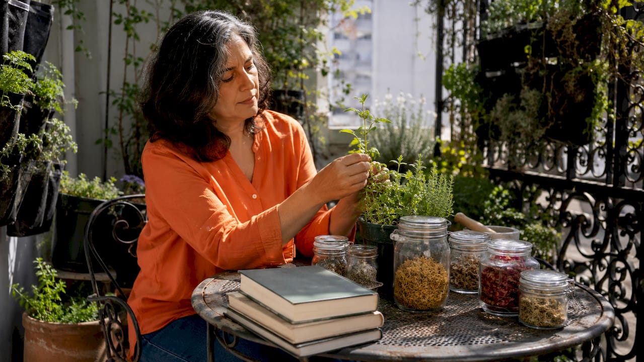 Woman selecting medicinal herbs in greenhouse