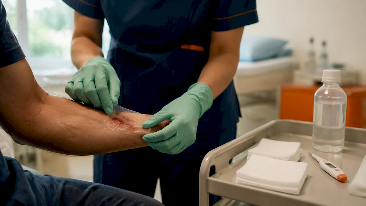 Hands applying moist wound dressing on forearm