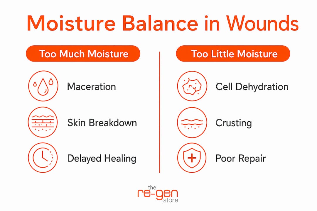 Infographic comparing effects of excess and insufficient wound moisture