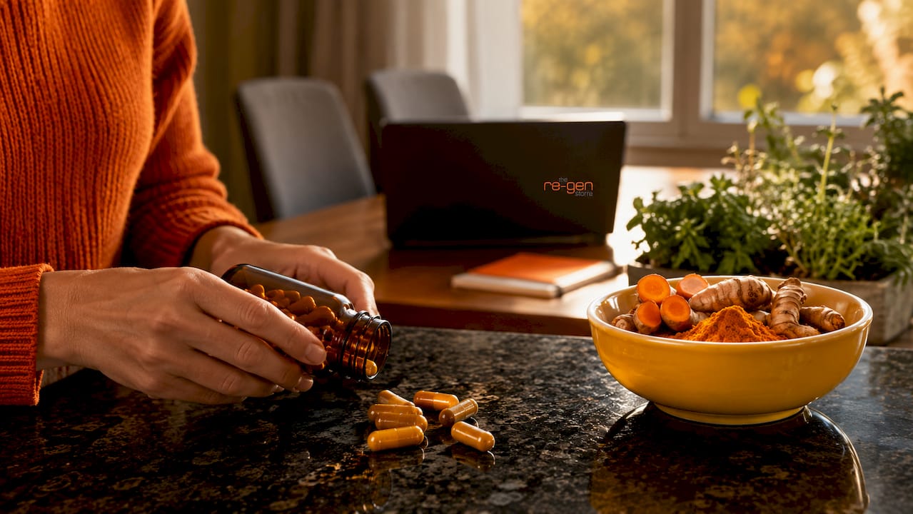 Hands holding turmeric capsules with fresh turmeric nearby