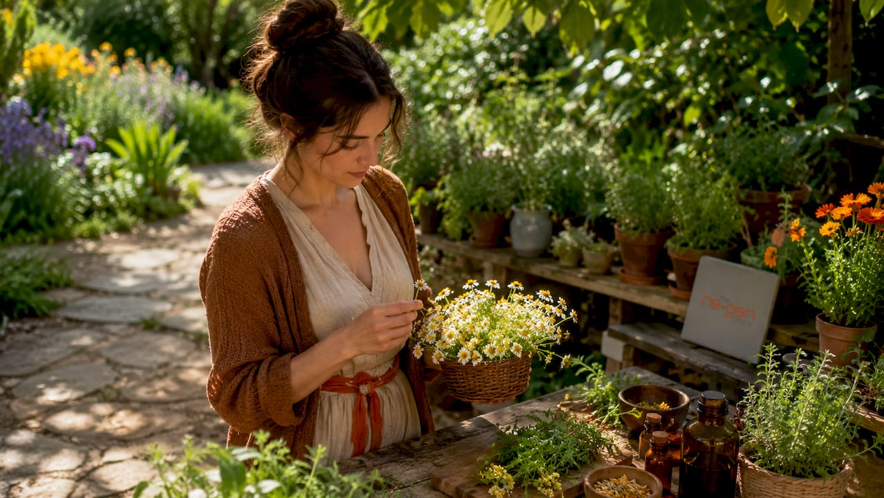 Herbalist preparing natural remedies in rustic kitchen
