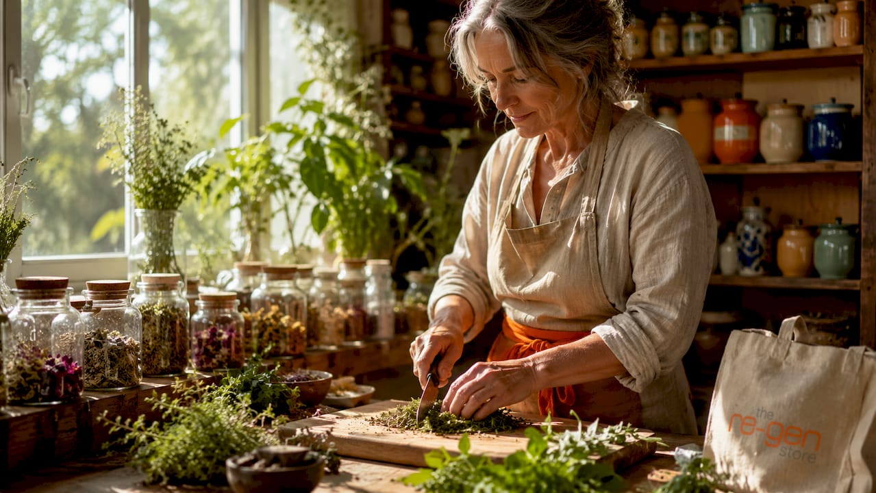 Herbalist preparing fresh medicinal herbs