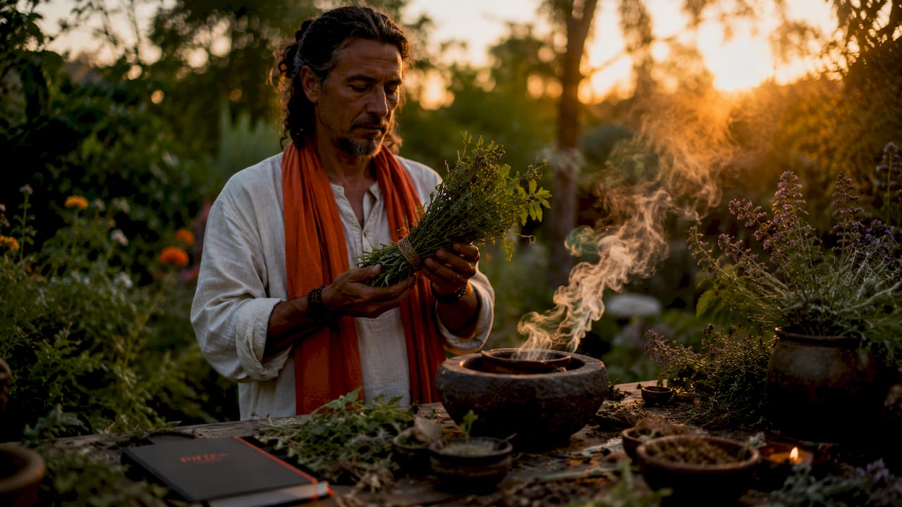 Traditional healer performing herbal ritual outdoors