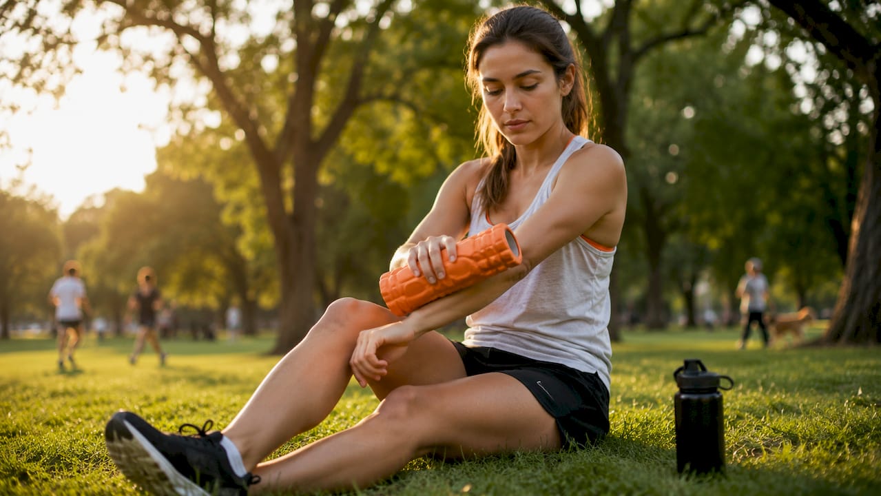 Woman using foam roller for soft tissue recovery
