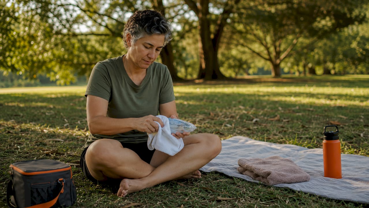 Hands wrapping ice pack in damp cloth for injury