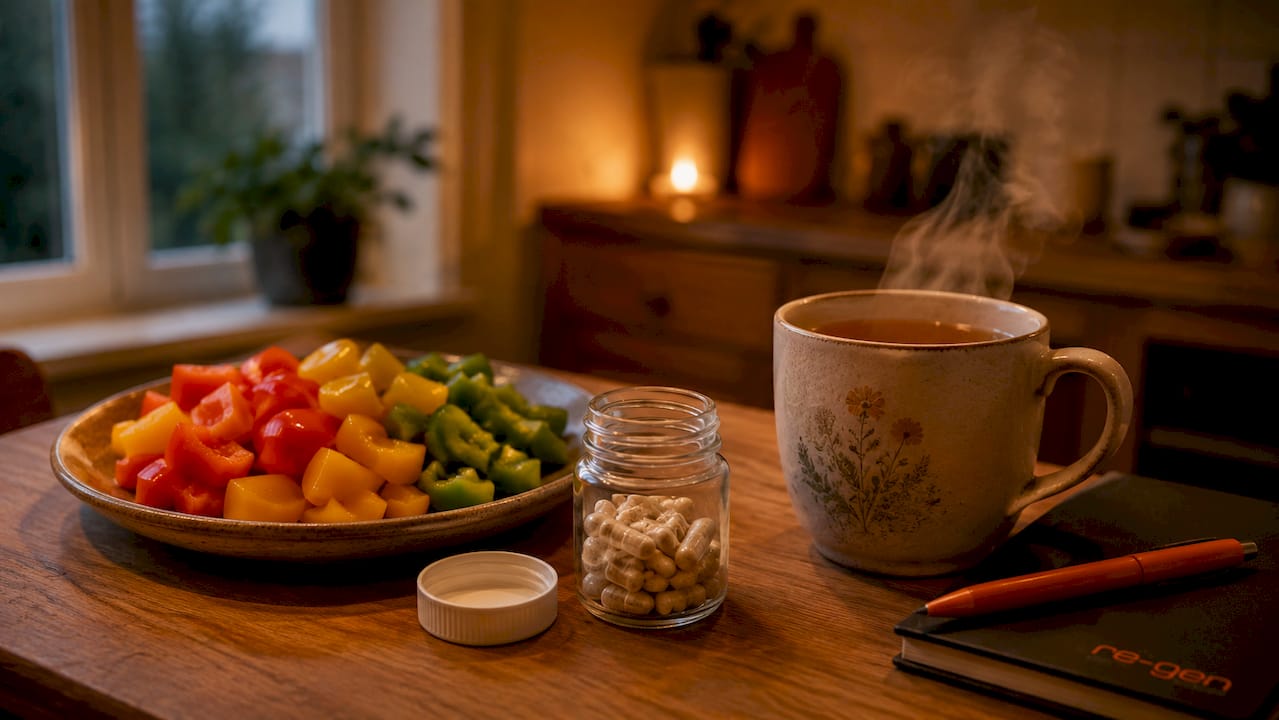 Bromelain supplement with fresh pineapple on table