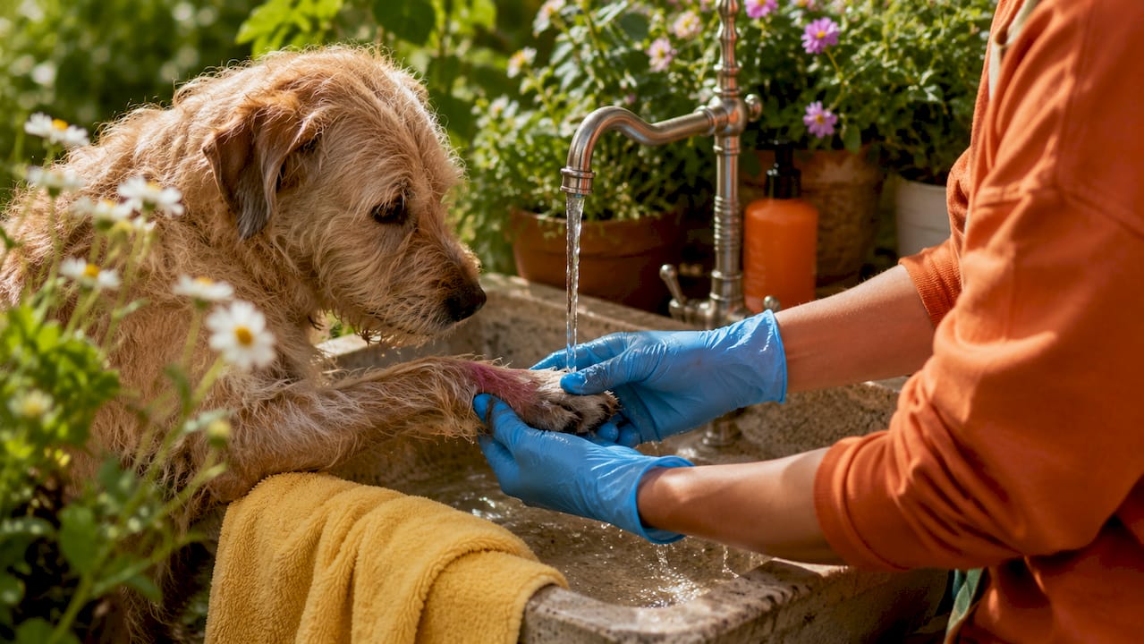 Hands cleaning dog’s paw wound with saline