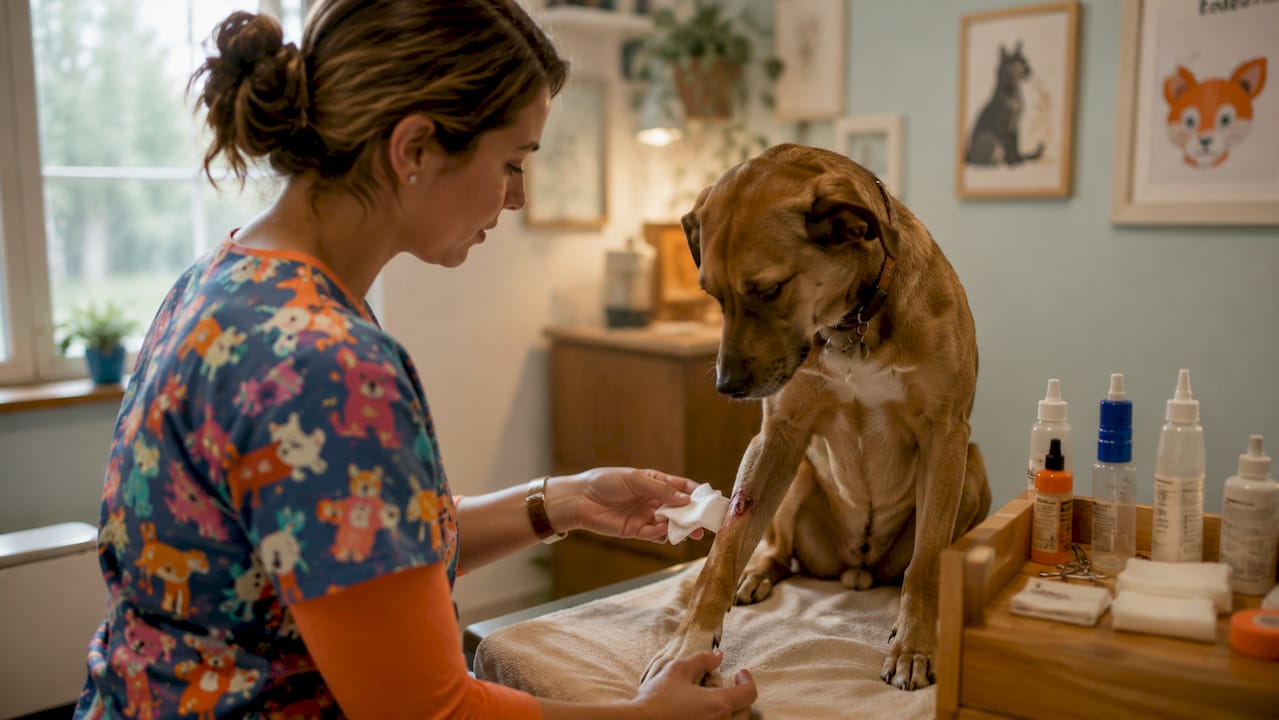 Vet examining dog’s skin injury in clinic