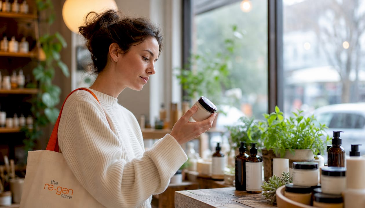 Woman examining natural skincare product label