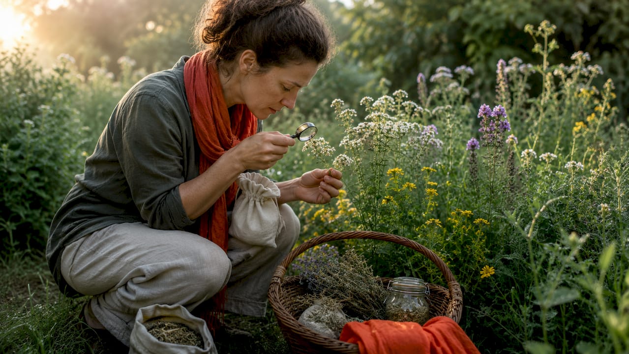 Herbalist examining medicinal herbs in greenhouse