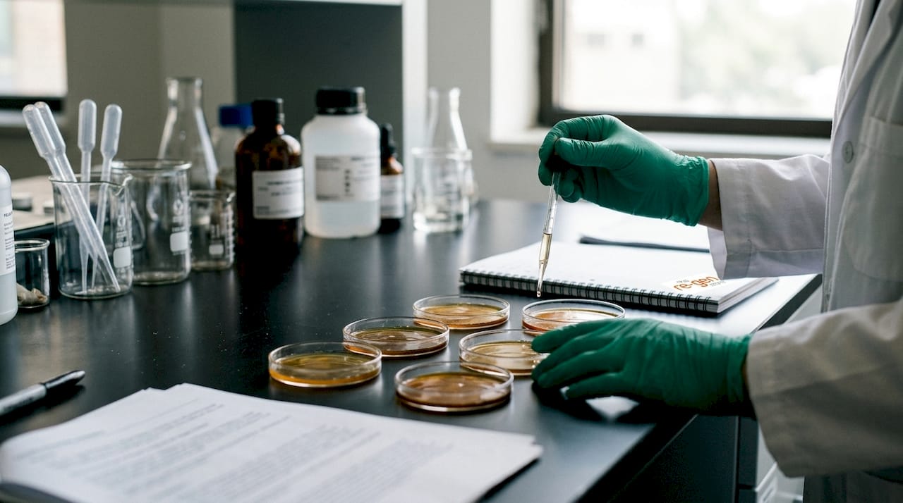 Researcher handling herbal extract petri dishes