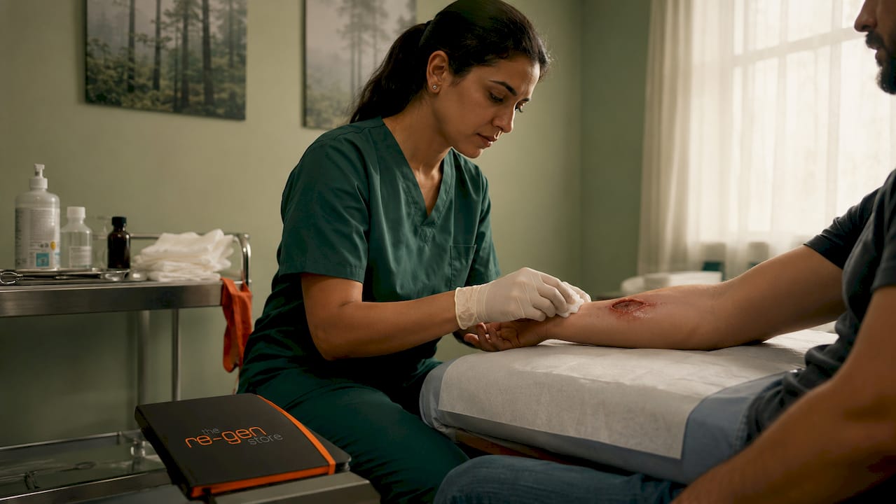 Medical professional examining open skin wound
