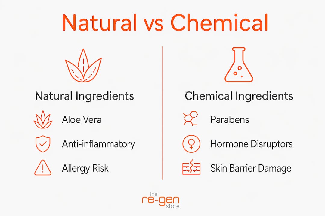 Infographic comparing natural and chemical skincare risks and benefits