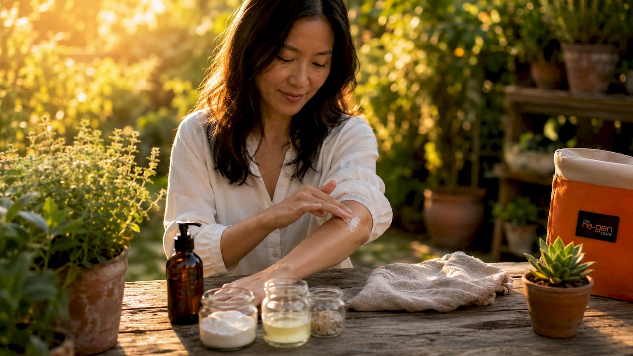 Hands applying magnesium gel on damp skin