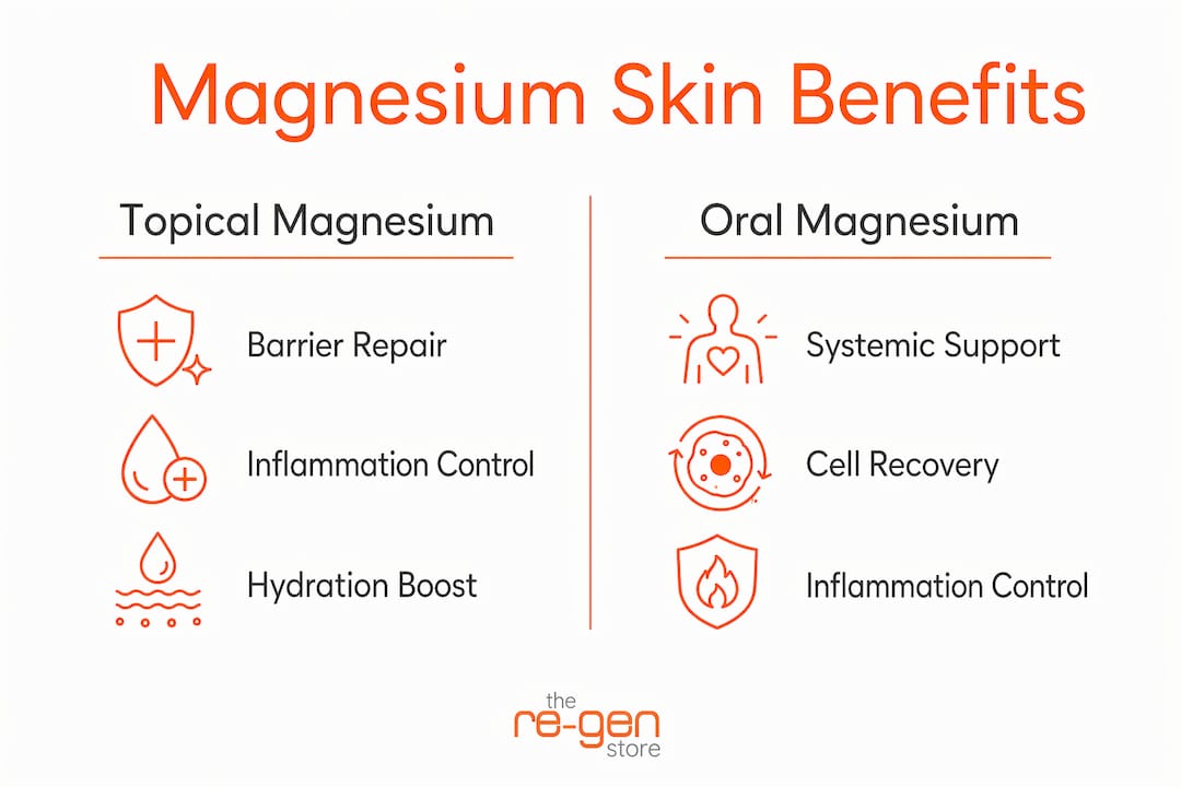 Infographic comparing topical vs oral magnesium skin benefits