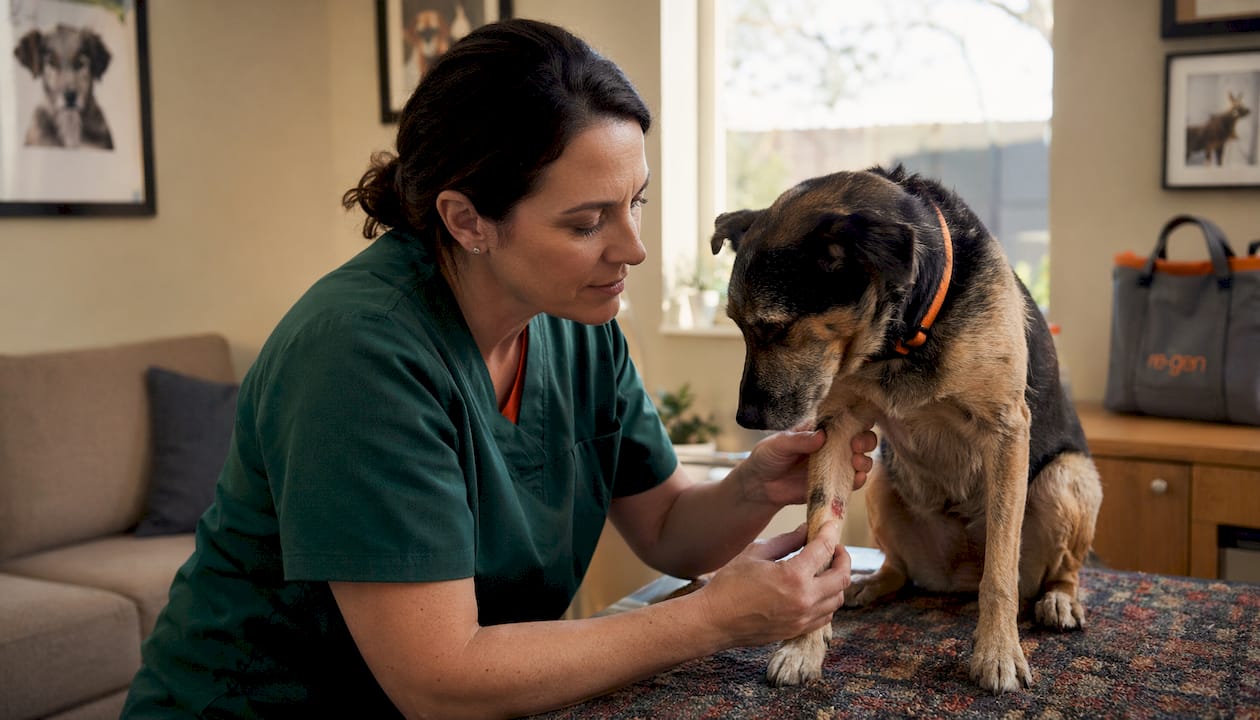 Veterinarian examining dog's leg wound