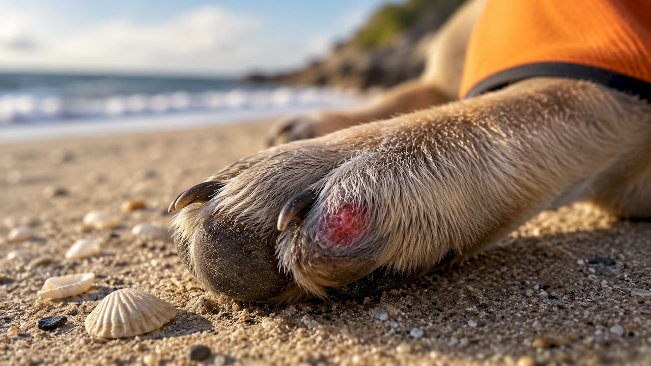 Close-up dog paw abrasion on pavement