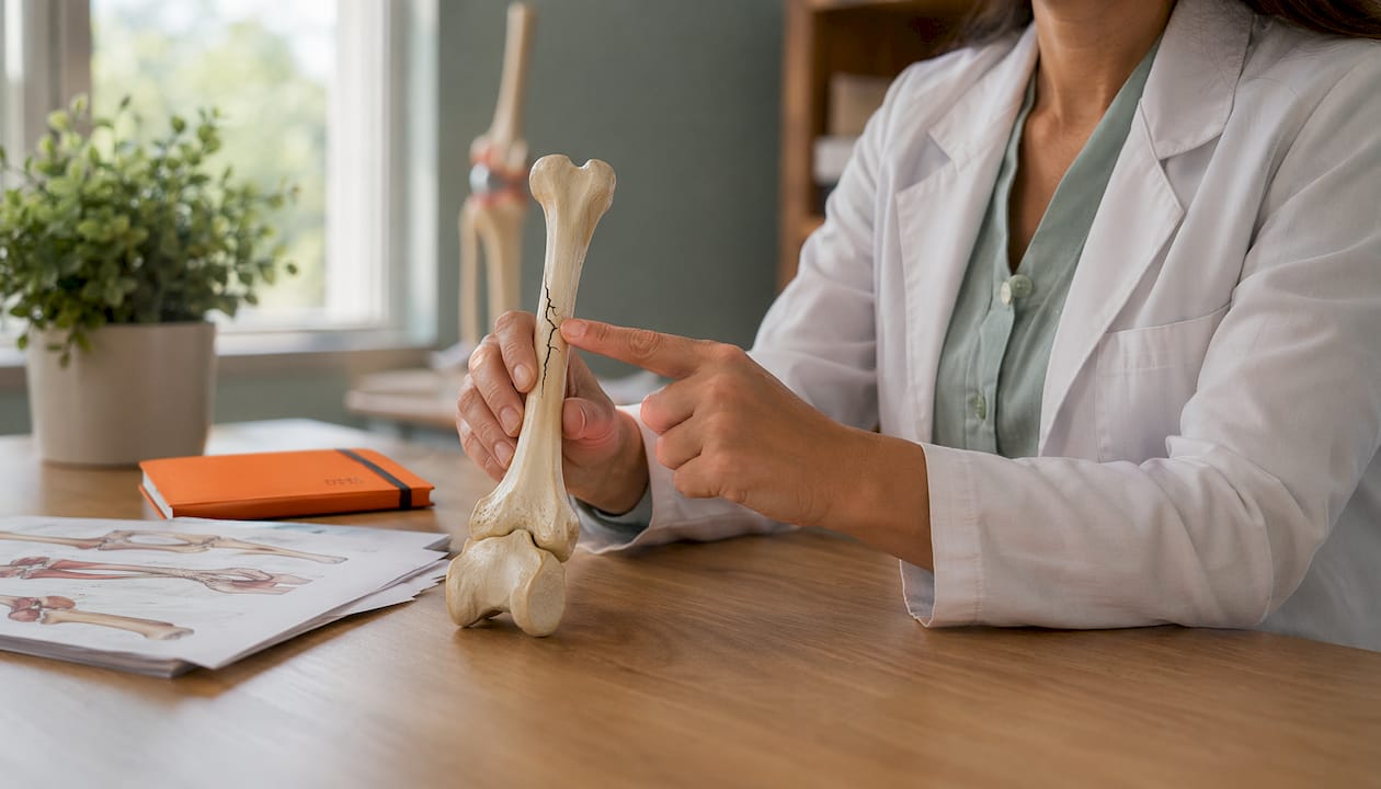 Hands holding anatomical bone model