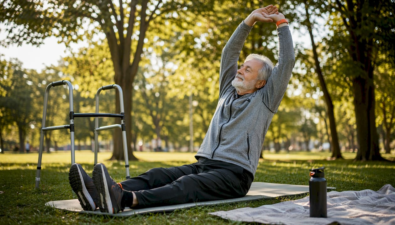 Senior man doing gentle post-op stretching exercises