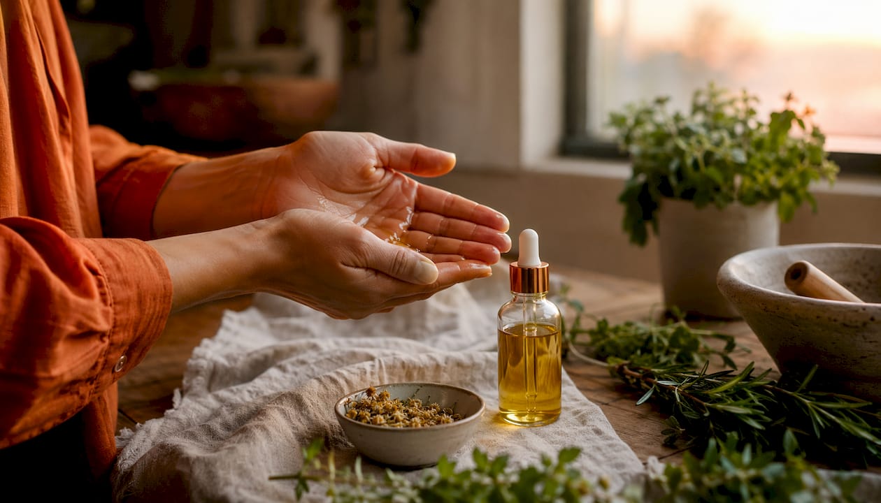 Close-up hands warming facial oil before application