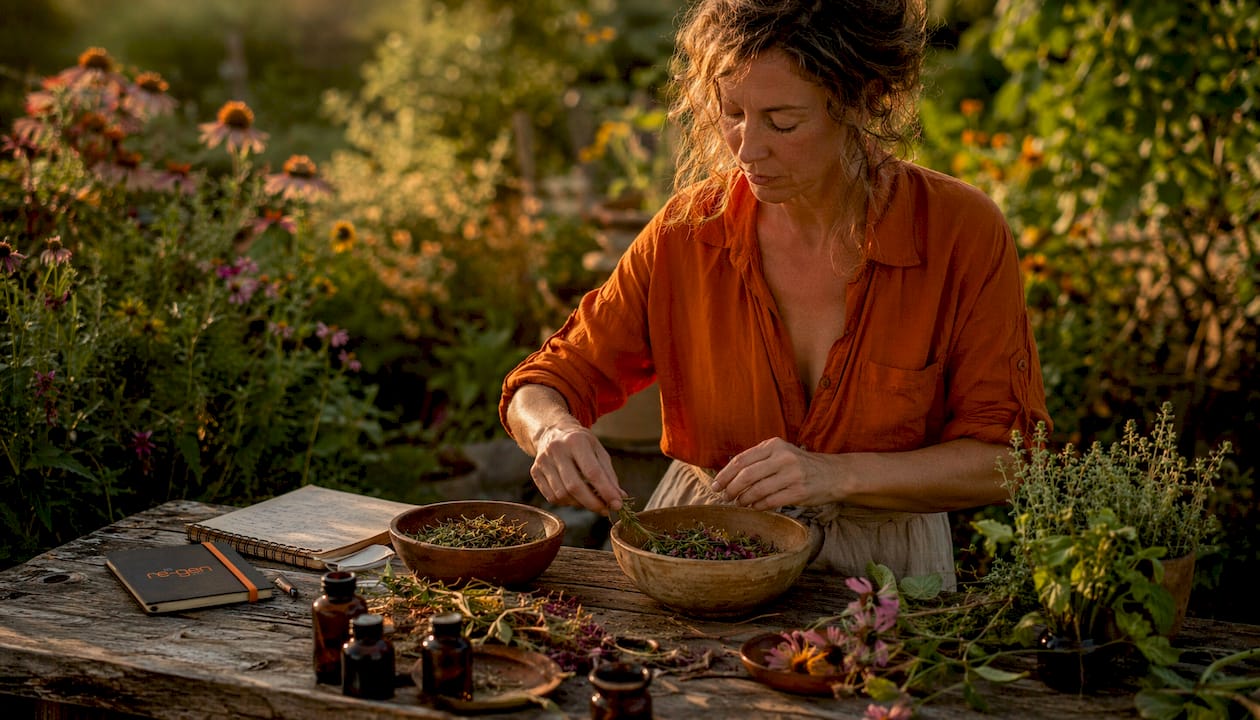 Herbalist mixing botanical skincare ingredients