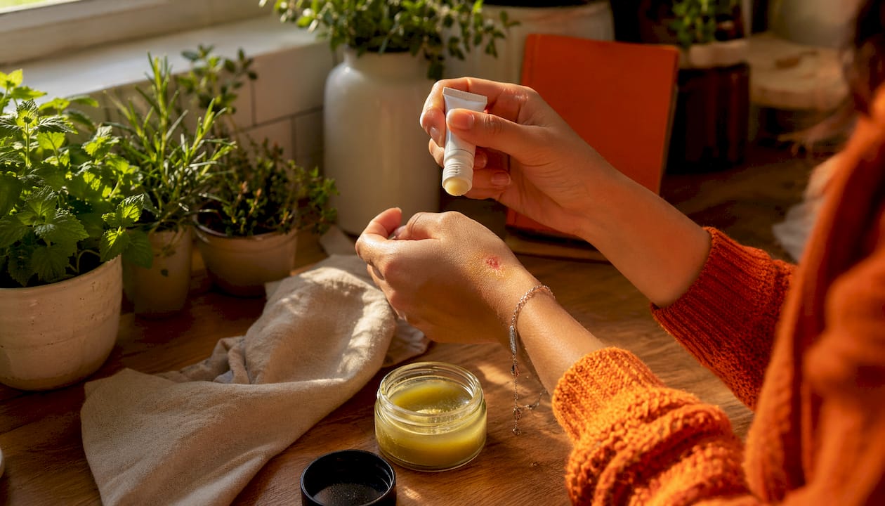 Hands applying herbal wound ointment