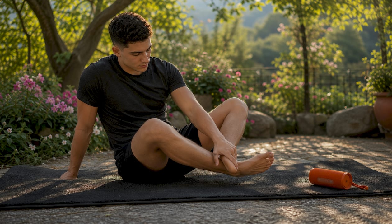 Man performing gentle ankle exercises on gym floor