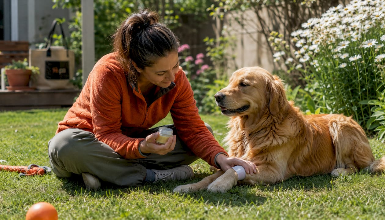 Woman caring for dog's small wound at home