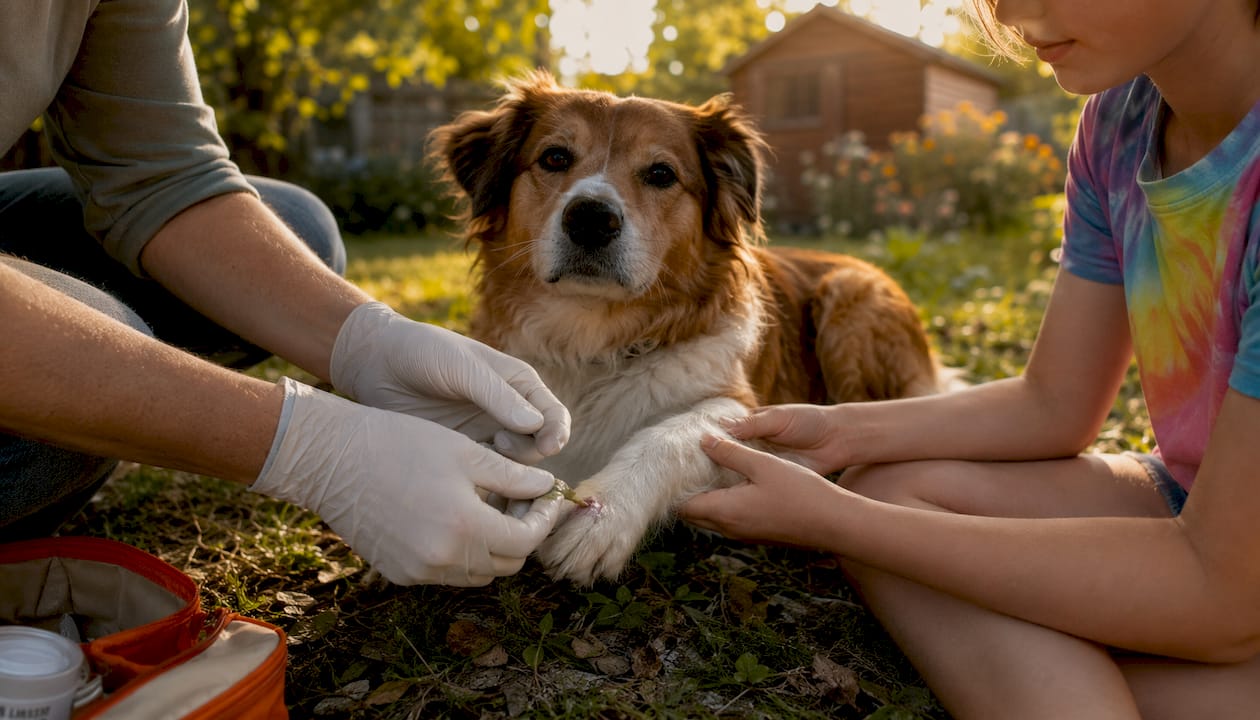 Applying natural ointment to dog's paw wound