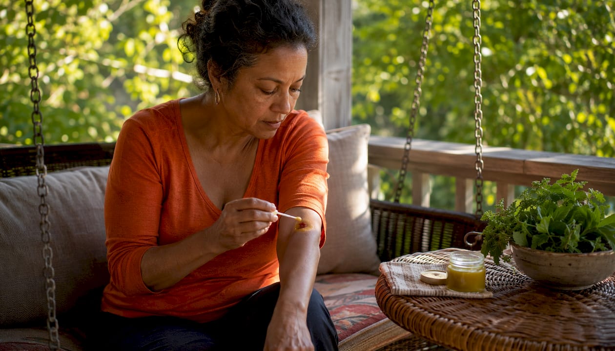 Woman applying herbal ointment on wound