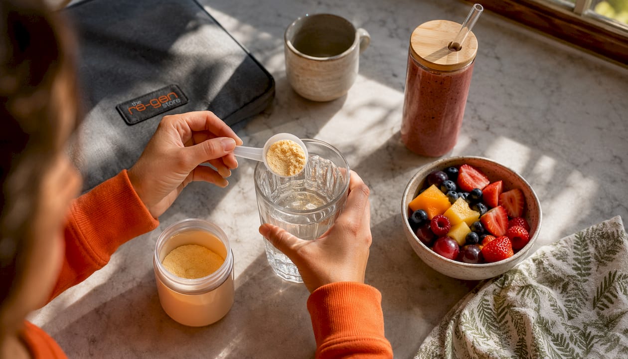 Hands preparing nutricosmetics and natural supplements