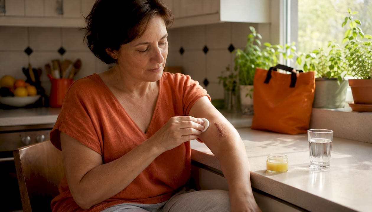 Woman gently cleaning surgical wound at home