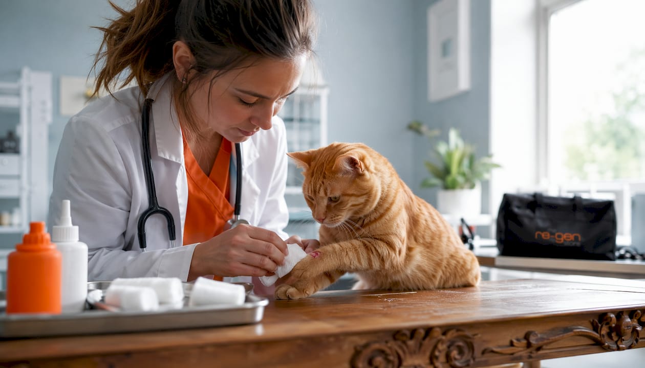 Veterinarian cleaning cat’s wound