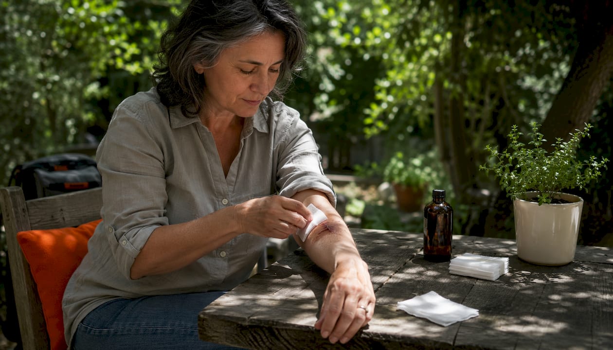 Woman changing wound dressing at home