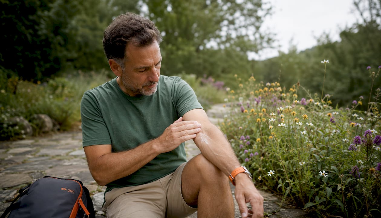 Man applying herbal cream in sunlit garden