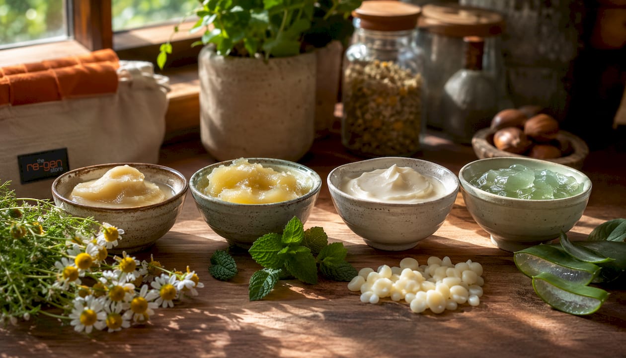 Topical herbal creams and natural ingredients close-up