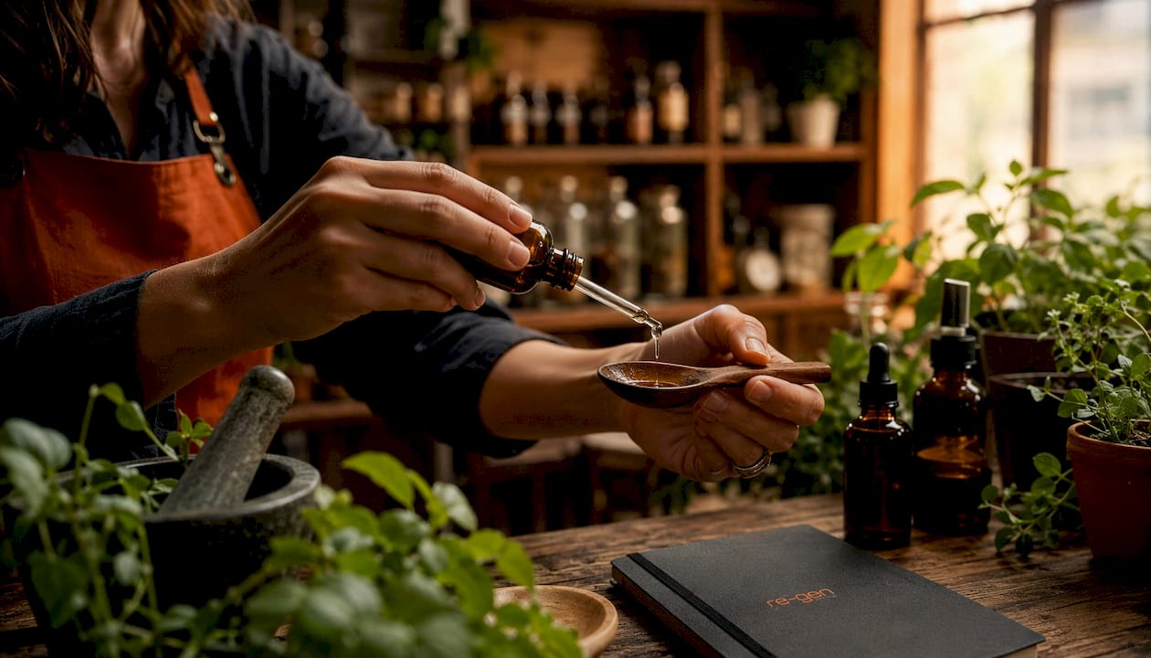 Hands dispensing plant extract in apothecary workspace