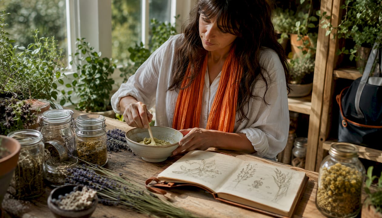 Herbalist mixing plant-based topical salve