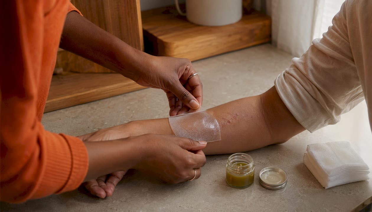 Hands applying nonstick dressing and ointment on burn wound