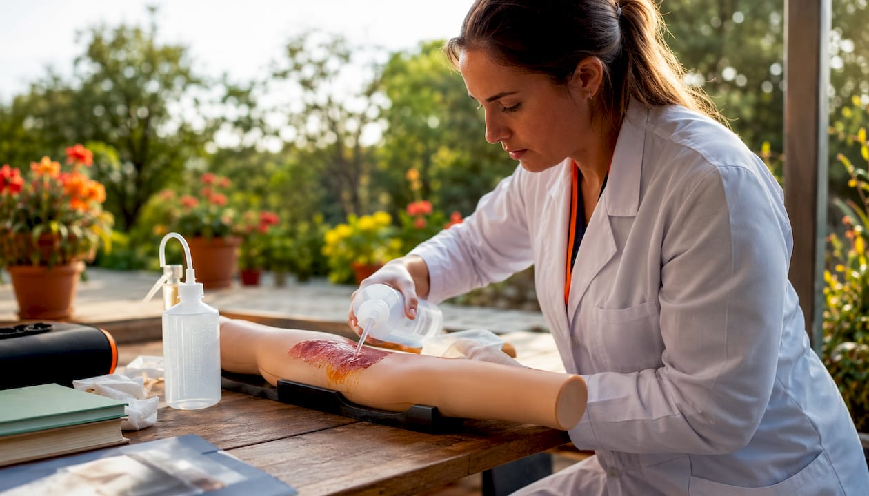Clinician irrigating chemical burn on mannequin arm