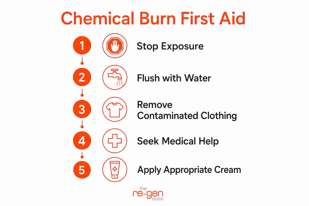 Infographic showing chemical burn first aid step-by-step